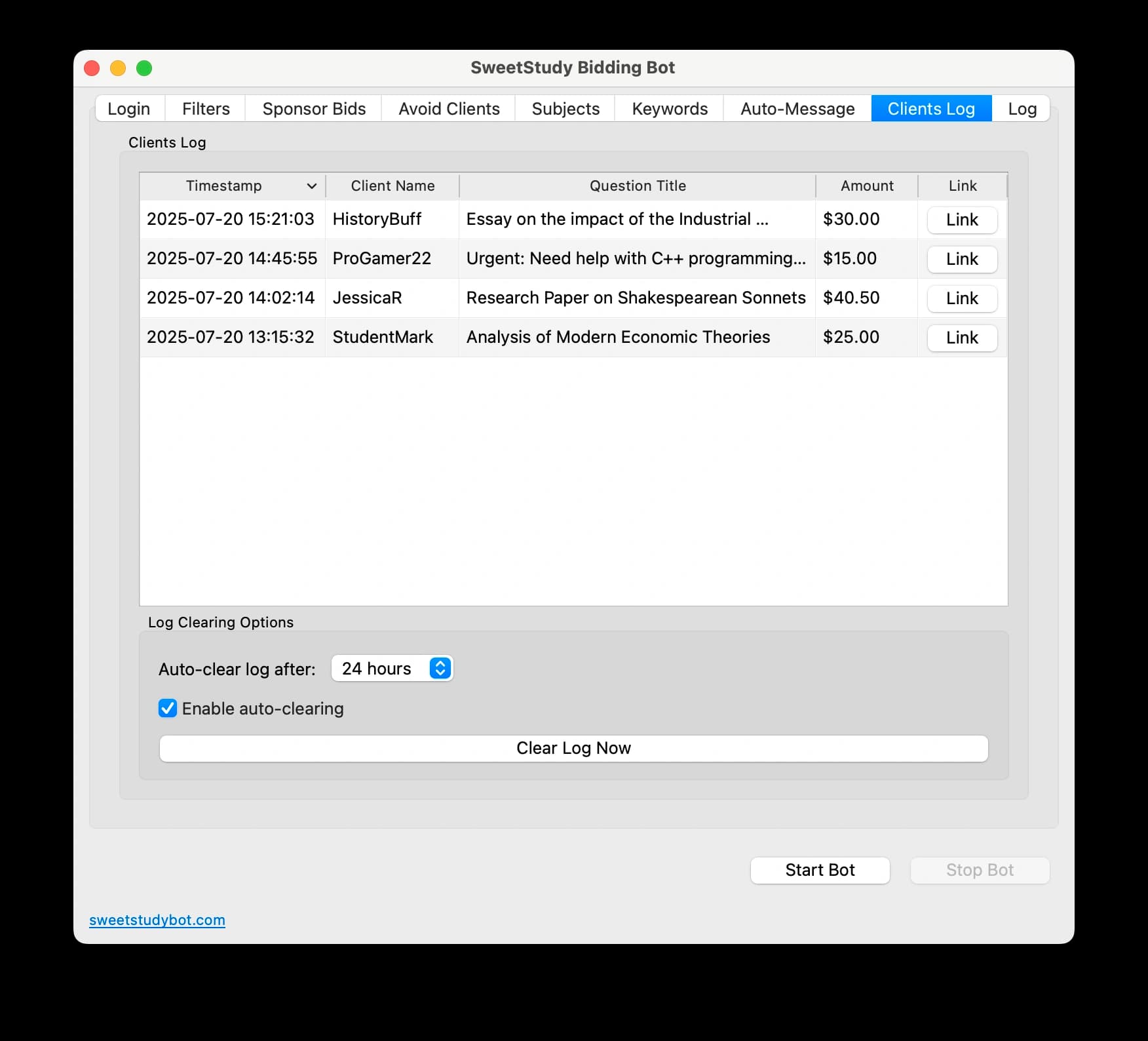 A screenshot of the SweetStudy Bidding Bot's client log tab, showing a detailed history of messaged clients.