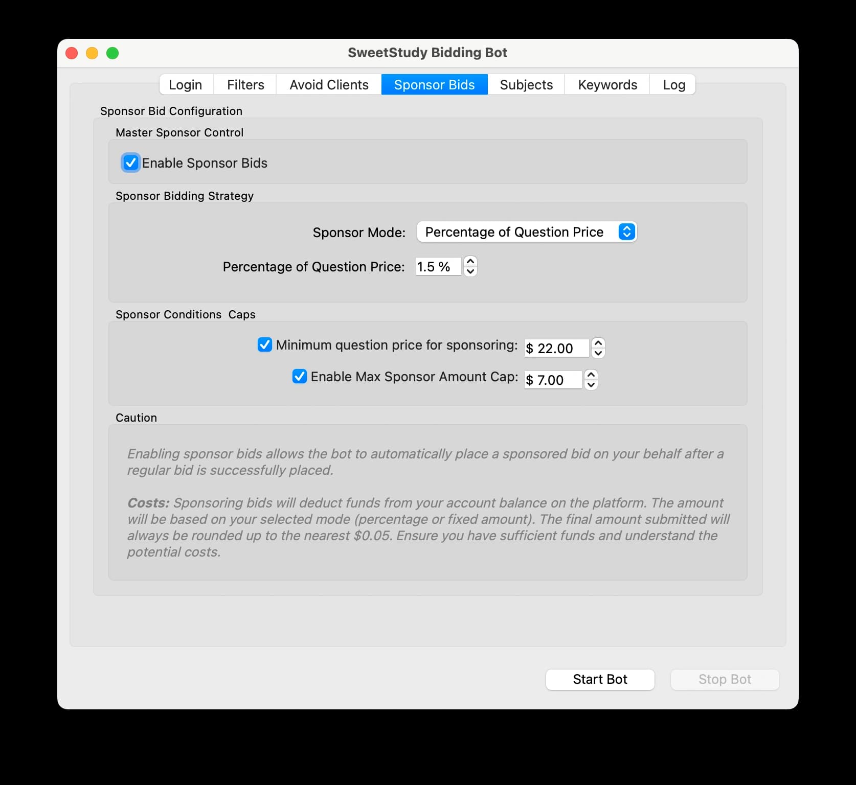 A detailed view of the SweetStudy Bidding Bot's sponsor bidding settings for percentage-based bids.