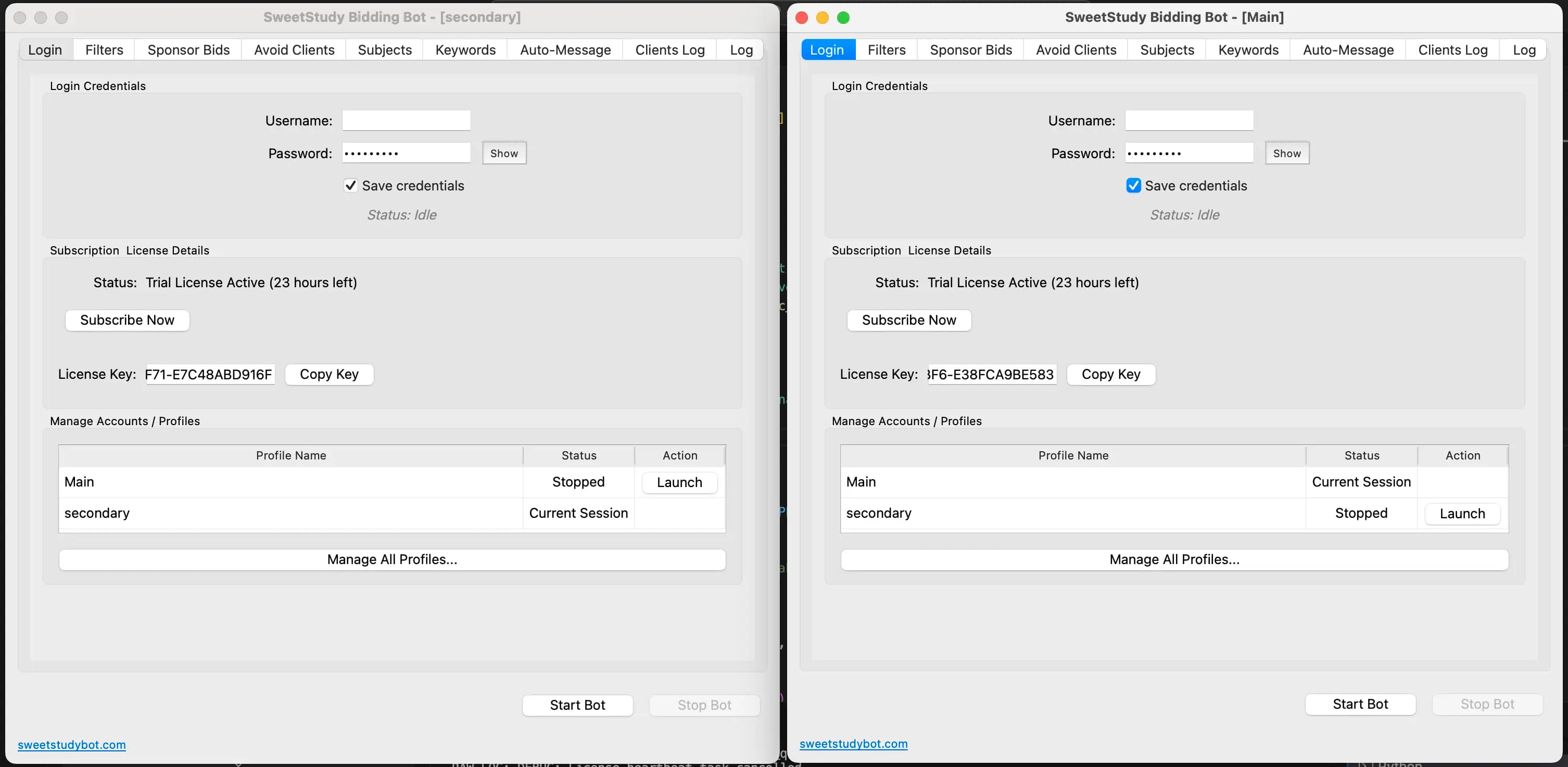 A screenshot of the SweetStudy Bidding Bot's multi-account management dashboard, showing a list of profiles with their status and launch buttons.
